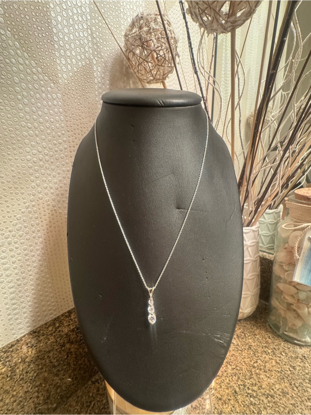 Sterling‎ Silver 925 3 Stone Cz Drop Pendant Necklace -